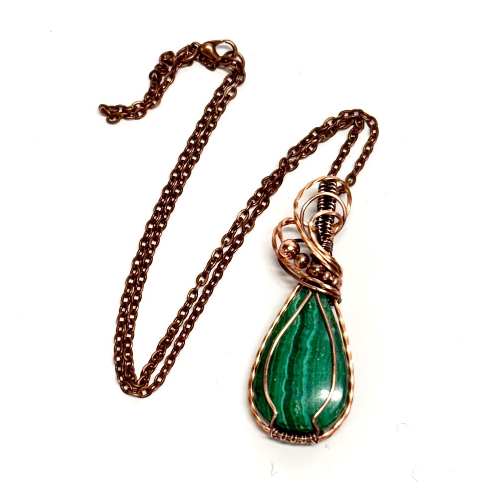 HANDMADE Malachite Hand Wrapped Copper and Copper Bead Pendant, Gift for Her - Picture 6 of 10